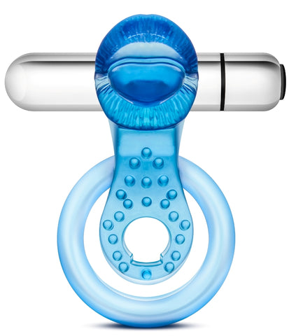 Stay Hard 10 Function Vibrating Tongue Cock Ring Blue Dual Stimulation - Cock Rings